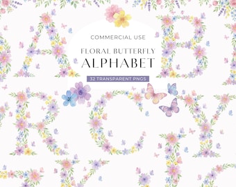 Clipart dell'alfabeto con farfalla floreale, Clip art di lettere stampabili ad acquerello, Grafica iniziale con monogramma floreale, Immagine digitale PNG per uso commerciale
