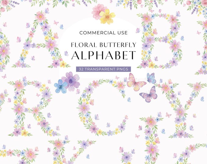 Watercolor Floral Alphabet Clipart, Pastel Flowers Letters and Initials ...