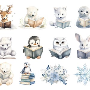 Arctic Animals Reading Clipart, DIGITAL DOWNLOAD, Winter Books Clip Art, Christmas December Baby Shower, Cute North Pole Commercial Use PNG image 2
