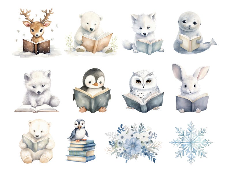 Arctic Animals Reading Clipart, DIGITAL DOWNLOAD, Winter Books Clip Art, Christmas December Baby Shower, Cute North Pole Commercial Use PNG image 2