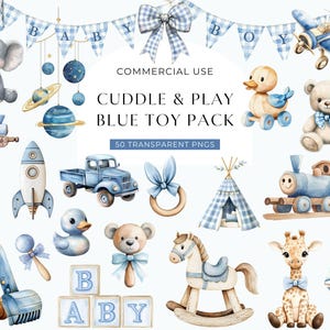 Baby Boy Toys Clipart, Cute Blue Watercolor Nursery Clip Art, Boy Baby Shower, It's A Boy Commercial Use Transparent PNG, DIGITAL DIY Crafts