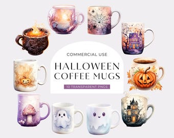 Halloween Coffee Cup Clipart, DIGITAL DOWNLOAD, Cute Watercolor Ghost, Pumpkin Mug Clip Art, Spooky Sublimation Design, Commercial Use PNG