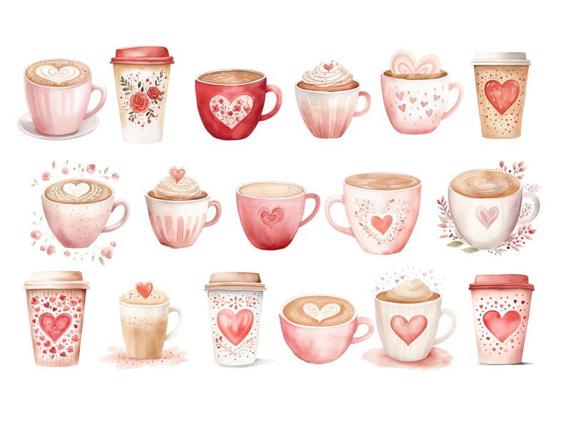 Valentinstag Kaffee Clipart, DIGITAL DOWNLOAD, Aquarell Kaffeetasse, Kaffeeliebhaber, Latte Herz, Grußkarte Clipart, kostenlose kommerzielle Nutzung PNG Bild 2