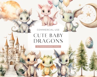 May include: A digital collection of watercolor illustrations featuring baby dragons, a castle, pine trees, a crescent moon, stars, and balloons. The central text reads COMMERCIAL USE CUTE BABY DRAGONS 12 TRANSPARENT PNGS in black and pink.