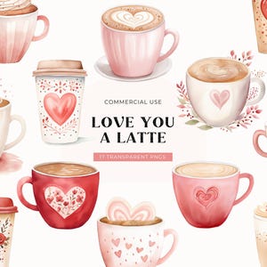 Valentijn koffie clipart, digitale DOWNLOAD, aquarel koffiemok, koffieliefhebber, latte hart, wenskaart clipart, gratis commercieel gebruik, png