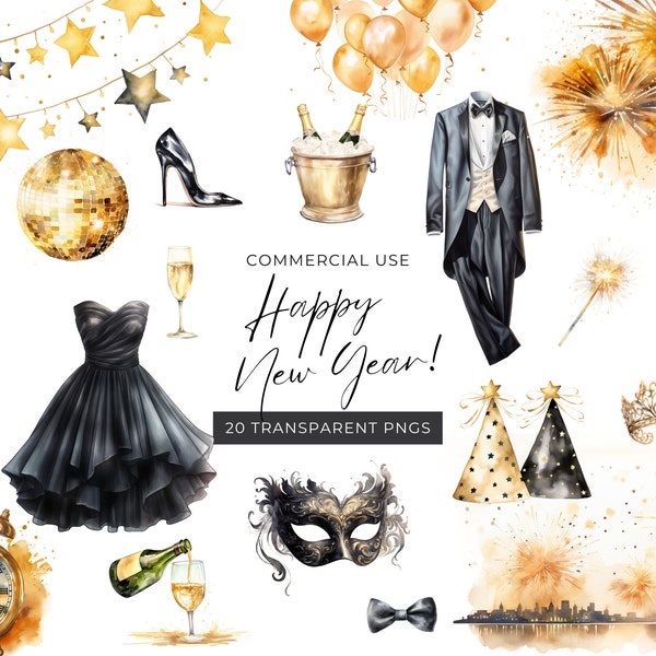 New Years Eve Party Clipart, DIGITAL DOWNLOAD, 2024 New Years Watercolor Bundle, Groovy New Year, Black & Gold, Champagne Commercial Use PNG