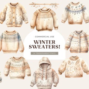 Imágenes prediseñadas de suéteres de invierno, DESCARGA DIGITAL, Ilustración del clima de suéteres, Gráficos de acuarela navideños acogedores, Uso comercial de jerséis bohemios PNG