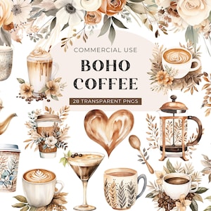 Coffee Lover Clipart Boho, DIGITAL DOWNLOAD, Watercolor Cup Of Coffee Clip Art, Coffee Mug Clipart, Iced Latte Espresso Commercial Use PNG