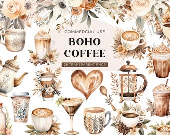 Coffee Lover Clipart Boho, DIGITAL DOWNLOAD, Watercolor Cup Of Coffee Clip Art, Coffee Mug Clipart, Iced Latte Espresso Commercial Use PNG