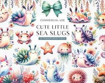 Imágenes prediseñadas de babosas marinas lindas, imágenes prediseñadas de criaturas marinas, animales marinos bajo el agua en acuarela, arrecife de coral, nudibranquio PNG, DESCARGA DIGITAL