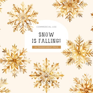 Clipart aquarelle flocon de neige or, téléchargement numérique, Illustration de flocons de neige de Noël, chutes de neige de Noël, hiver graphique usage Commercial PNG