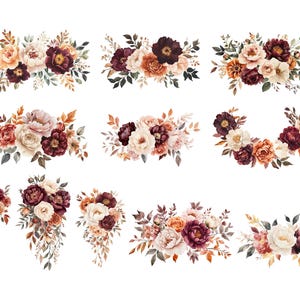 Burgundy Rust Flower Clipart, DIGITAL DOWNLOAD, Fall Wedding Invitation Clip Art, Autumn Floral Bouquets, Boho Rose Peony Commercial Use PNG image 3