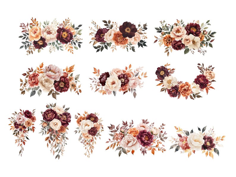 Burgundy Rust Flower Clipart, DIGITAL DOWNLOAD, Fall Wedding Invitation Clip Art, Autumn Floral Bouquets, Boho Rose Peony Commercial Use PNG image 3