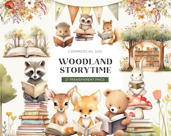 Animals Reading Books Clipart, DIGITAL DOWNLOAD, Cute Baby Woodland Creatures Clipart, Autumn Fall Book Lover, Forest Fox Commercial Use PNG