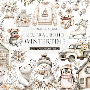 Boho Winter Clipart, DIGITAL DOWNLOAD, Neutral Xmas Clip Art, Cozy Christmas Watercolor, Rustic Wintertime, Cute December Commercial Use PNG image 1