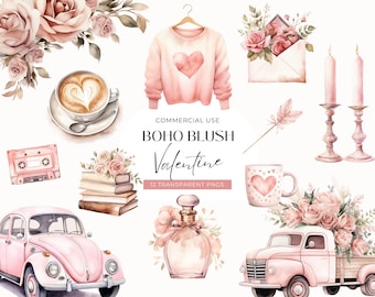 Boho Valentinstag Clipart, DIGITAL DOWNLOAD, Rosa Aquarell Valentinstag LKW, Latte Herz, Gestapelte Bücher, Planer Clipart, PNG für kommerzielle Nutzung