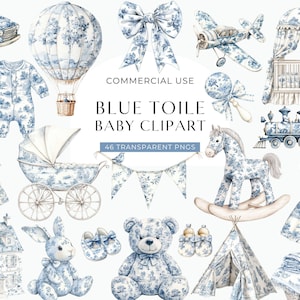 Blue Toile Baby Clipart, It's A Boy Baby Shower Toile De Jouy Clip Art, Watercolor Floral Chinoiserie, Vintage French Nursery DIGITAL PNG