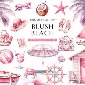 Pink Summer Beach Clipart, DIGITAL DOWNLOAD, Watercolor Coastal Vacation, Soft Girl Preppy Aesthetic Clip Art, Holiday Commercial Use PNG image 1