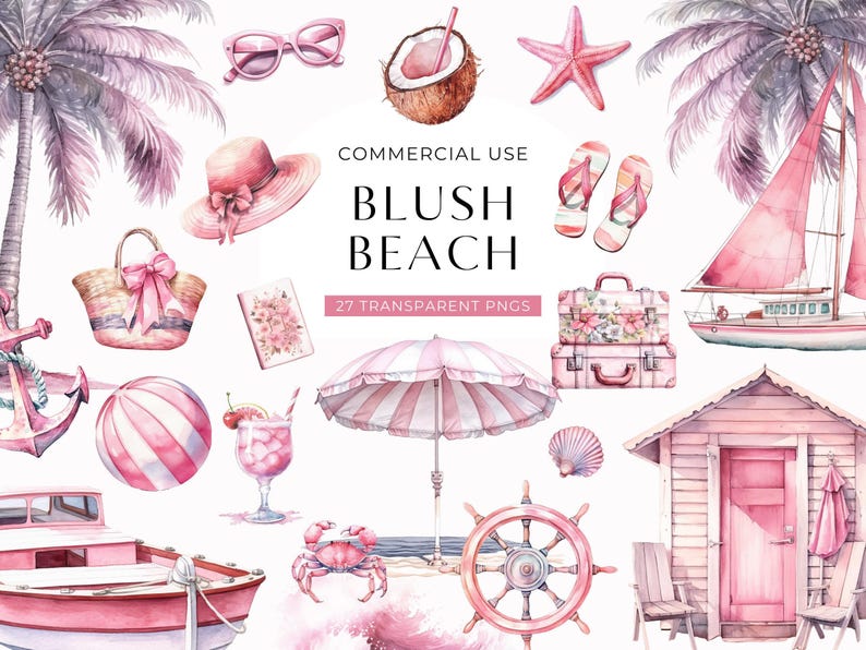 Pink Summer Beach Clipart, DIGITAL DOWNLOAD, Watercolor Coastal Vacation, Soft Girl Preppy Aesthetic Clip Art, Holiday Commercial Use PNG image 1