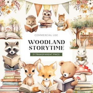 Dieren lezen boeken clipart, digitale DOWNLOAD, schattige baby bosdieren clipart, herfst herfst boekenliefhebber, Forest Fox commercieel gebruik png