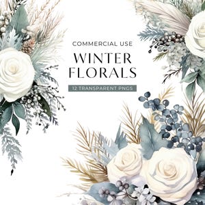 Clipart floral de aquarela de inverno, DOWNLOAD DIGITAL, Buquê de noiva de Natal com rosas brancas, Arranjos de flores para convites, Uso comercial PNG