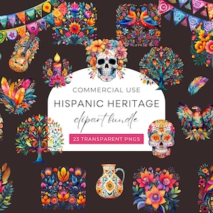 Hispanic Heritage Month Clipart, DIGITAL Download Commercial Use PNG, Mexican Folk Art Day Of The Dead Floral Skull, Tree Of Life Watercolor