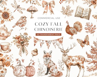 May include: A digital collection of 42 transparent PNG illustrations featuring fall-themed chinoiserie motifs in shades of brown and orange. Elements include a fox, deer, turkey, teapot, teacup, pumpkins, flowers, butterflies, and bunting.