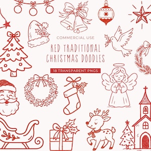 Pode incluir: Doodles de Natal vermelhos e brancos, incluindo uma árvore de Natal, o Pai Natal, uma rena e uma igreja. O texto "Red Traditional Christmas Doodles" e "18 Transparent PNGs" também estão presentes. Perfeito para artesanato temático de Natal.