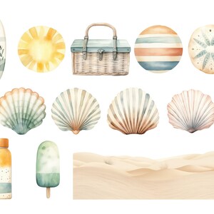 Summer Beach Watercolor Clipart, DIGITAL DOWNLOAD, Vacation Clip Art, Boho Tropical Holiday, Chair And Umbrella, Seashell Commercial Use PNG image 3