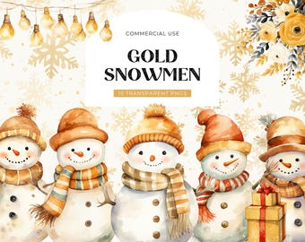 Gold Christmas Snowmen Clipart, DIGITAL DOWNLOAD, Cute Snowman Clipart, Watercolor Xmas Illustration, Invitation Clipart, Commercial Use PNG