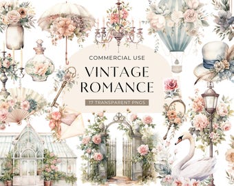 Vintage Style Clipart, DIGITAL DOWNLOAD, Watercolor Junk Journal Clipart, Floral Scrapbook Clipart, Victorian Shabby Chic Commercial Use PNG