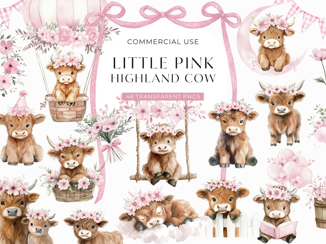 Highland Cow Clipart Pink, Watercolor Boho Floral Clip Art, Rustic Girl ...