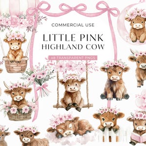 May include: Watercolor illustrations of Highland cows with floral crowns and pink accents. The image includes cows in a hot air balloon, on a swing, and reading a book. Text reads "Little Pink Highland Cow" and "48 Transparent PNGs."