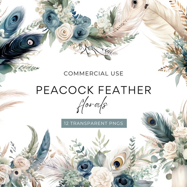 Peacock Feather Floral Clipart, DIGITAL DOWNLOAD, Boho Wedding Bouquet Clipart Bundle Pack, Watercolor Flower Graphic Set Commercial Use PNG