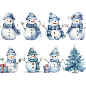 Blue Christmas Snowman Clipart, DIGITAL DOWNLOAD Cute Snowmen Clipart, Xmas Illustration, Winter Baby Boy Shower Graphic, Commercial Use PNG image 2