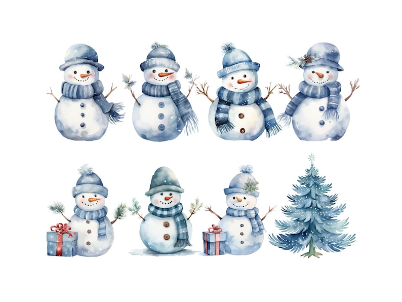 Blue Christmas Snowman Clipart, DIGITAL DOWNLOAD Cute Snowmen Clipart, Xmas Illustration, Winter Baby Boy Shower Graphic, Commercial Use PNG image 2