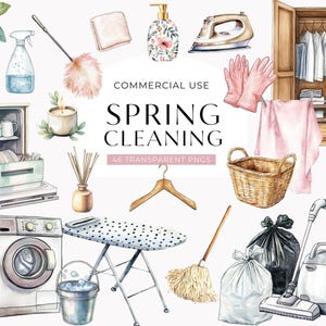 Clipart de limpieza de primavera, clip art de negocio de limpieza de la casa, suministros de lavandería para el hogar con acuarela, planificador de tareas del hogar para niña PNG DESCARGA DIGITAL