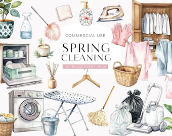Spring Cleaning Clipart, House Clean Business Clip Art, Watercolor Household Laundry Supplies, Home Chores Planner Girl PNG DIGITAL DOWNLOAD