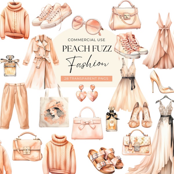 Spring Clothes Clipart Peach, DIGITAL DOWNLOAD, Watercolor Women Fashion Accessories, Planner Girl Outfit, Dress Handbag, Commercial Use PNG