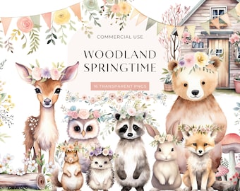 Spring Woodland Animal Clipart, DIGITAL DOWNLOAD, Boho Forest Creature Clip Art, Baby Nursery Clipart, Free Commercial Use Transparent PNG