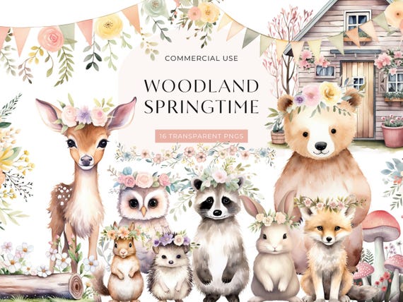 Spring Woodland Animal Clipart, DIGITAL DOWNLOAD, Boho Forest Creature Clip Art, Baby Nursery Clipart, Free Commercial Use Transparent PNG