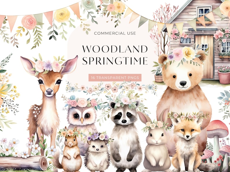 Frühling Waldtier Clipart, DIGITAL DOWNLOAD, Boho Waldkreatur Clip Art, Baby Kinderzimmer Clipart, kostenlose kommerzielle Nutzung transparente PNG Bild 1