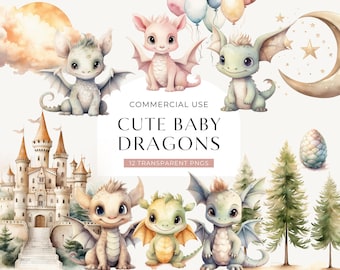Baby Dragon Clipart, Digital Nedladdning, Akvarell Clipart Baby Dragons, Fantasy Clip Art Bundle, Söt Grafik Set, Kommersiellt Använda PNG-bilder