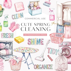 Schattig schoonmaak clipart, aquarel schoonmaakbenodigdheden, Kids Home klusjes illustraties, lente huis schoonmaak clipart, Housekeeping digitale DOWNLOAD