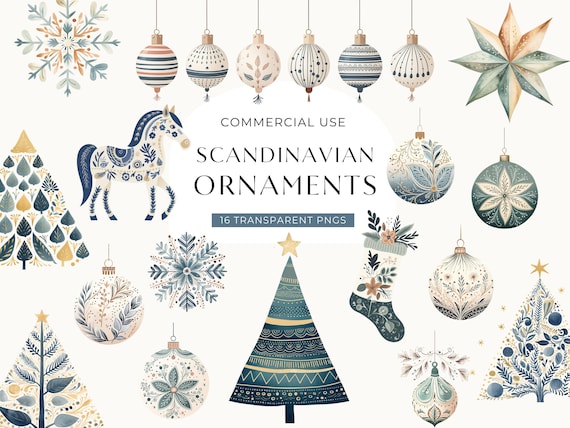 Scandi Christmas Ornament Clipart, DIGITAL DOWNLOAD, Nordic Xmas Bauble Clip Art, Scandinavian Watercolor Decorations, Commercial Use PNG