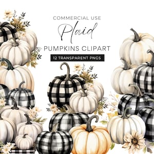 Black And White Pumpkin Clipart, DIGITAL DOWNLOAD, Buffalo Check Pumpkin, Farmhouse Plaid Tartan, Fall Autumn Watercolor, Commercial Use PNG