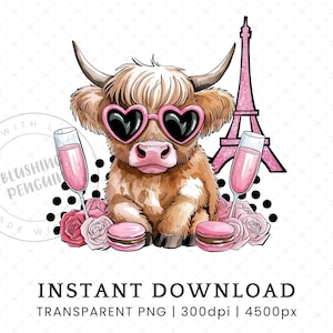 Vaca de las Tierras Altas en París PNG, diseño de sublimación para el día de San Valentín de vaca bebé de las Tierras Altas, linda torre Eiffel rosa PNG, uso comercial para amantes de las vacas PNG