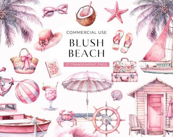 Clipart de playa rosa preppy, descarga digital, acuarela de vacaciones costeras, clip art de chica suave con estética veraniega, uso comercial en vacaciones PNG