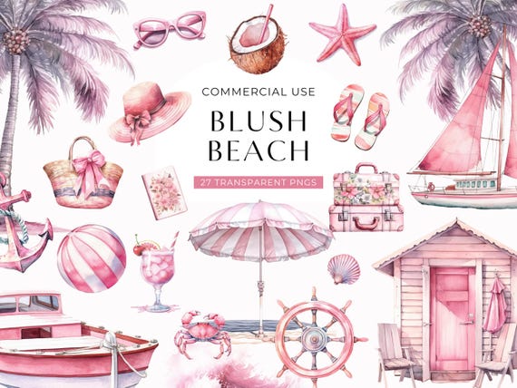 Pink Summer Beach Clipart, DIGITAL DOWNLOAD, Watercolor Coastal Vacation, Soft Girl Preppy Aesthetic Clip Art, Holiday Commercial Use PNG
