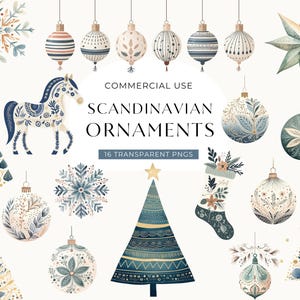 Clipart di ornamenti natalizi scandinavi, DOWNLOAD DIGITALE, Clip art di palline di Natale nordiche, decorazioni scandinave ad acquerello, uso commerciale PNG